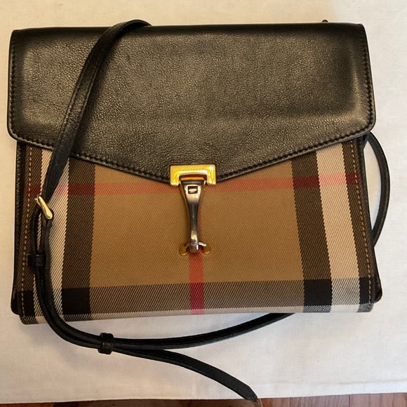 BURBERRY CHECKMARK AND NAVY BLUE LEATHER CROSSBODY PURSE.  Includes dust bag. - Picture 1 of 16